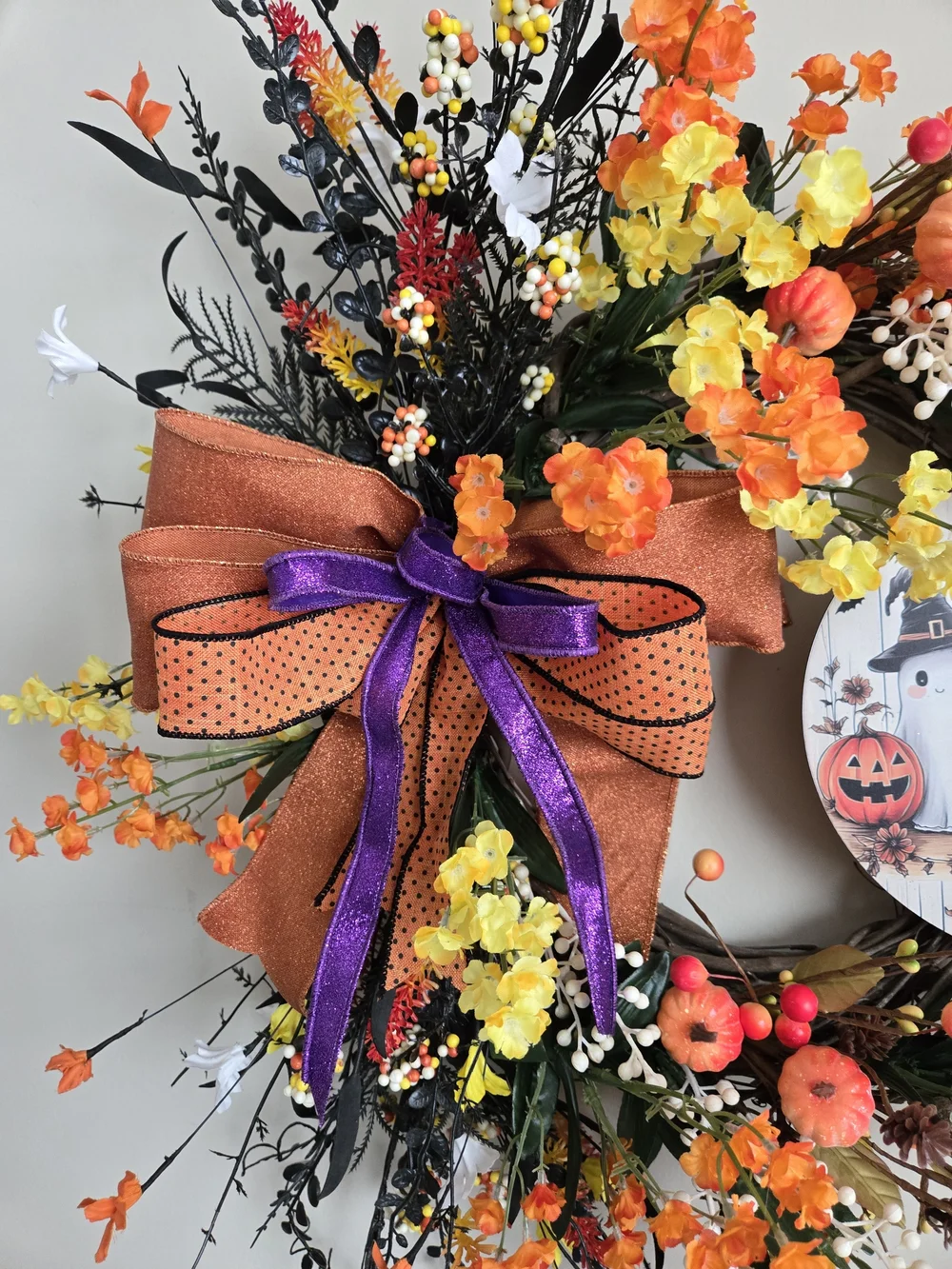 Autumn Harvest Halloween Wreath with Orange and Yellow Florals